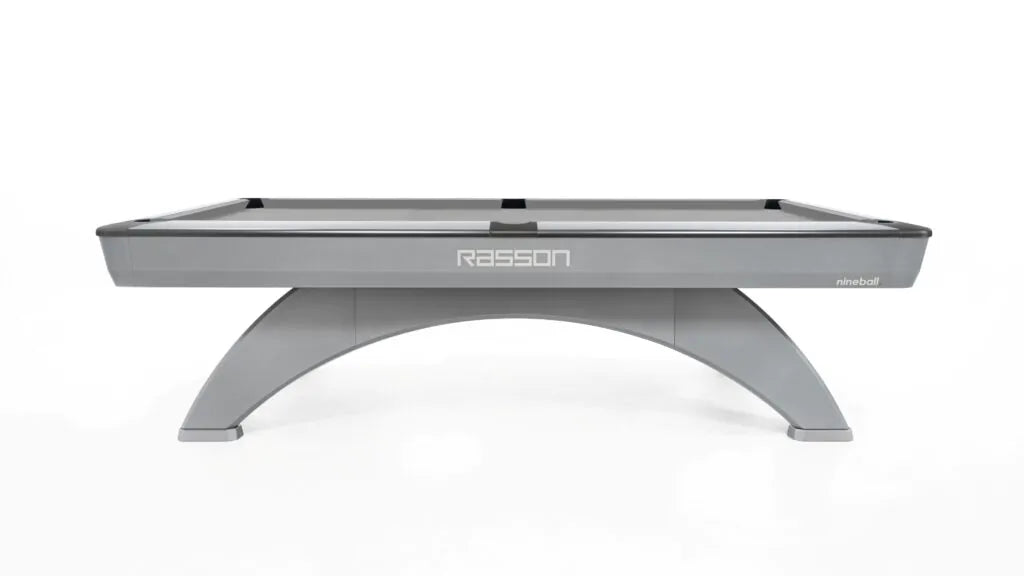 Rasson Ox II pool table in Silver Fluorocarbon - side view