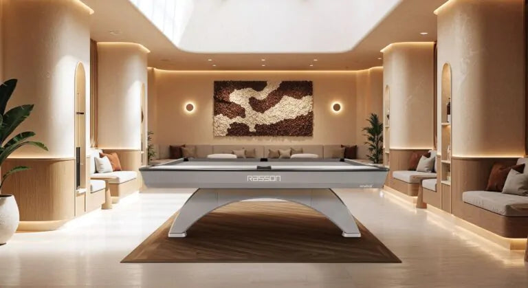 Rasson Ox II pool table in Silver Fluorocarbon - lifestyle setting