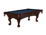 Traditional pool table with dark brown wooden frame and blue felt surface on a white background
